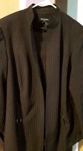 Black jacket and slacks with red pin stripes